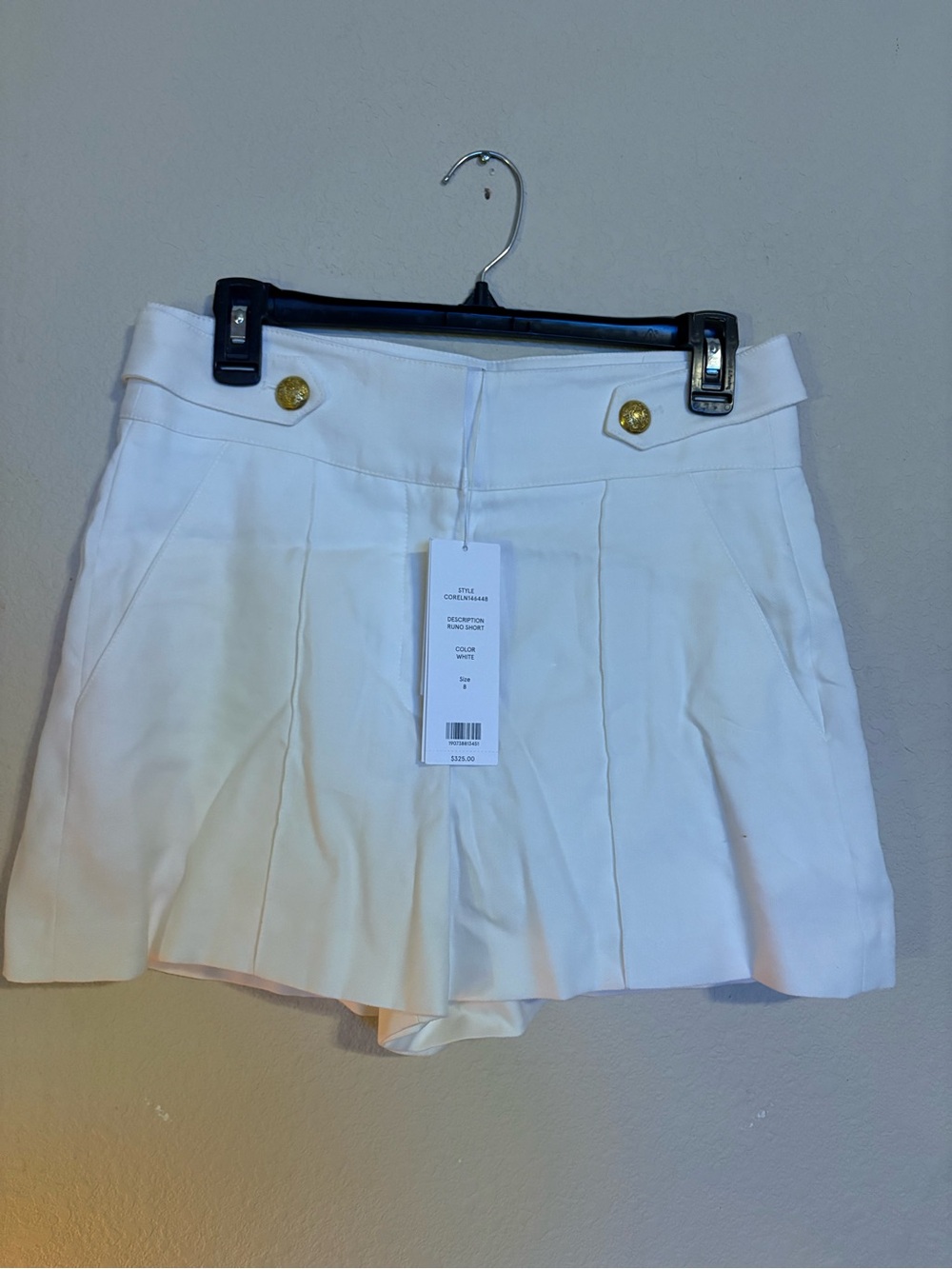 Veronica Beard White Pleated Runo Shorts with Gold Button Detail
